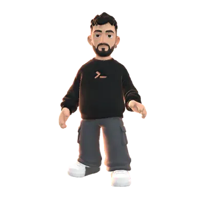 Yo, Leo: muñeco con barba, sudadera negra ancha con >_ naranja y pantalón cargo gris
