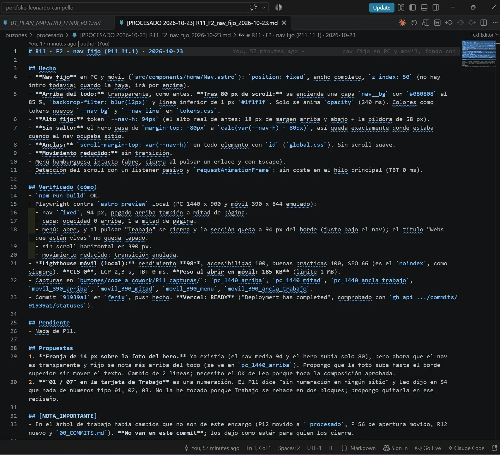 Respuesta R11 de Claude Code abierta en VS Code, con lo hecho, cómo se verificó y lo pendiente