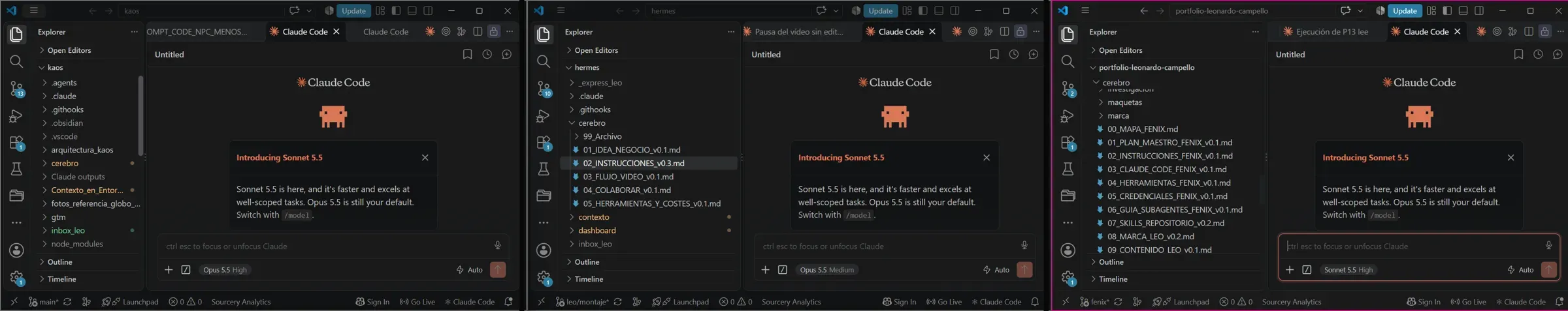 Tres ventanas de VS Code con Claude Code abierto en cada proyecto